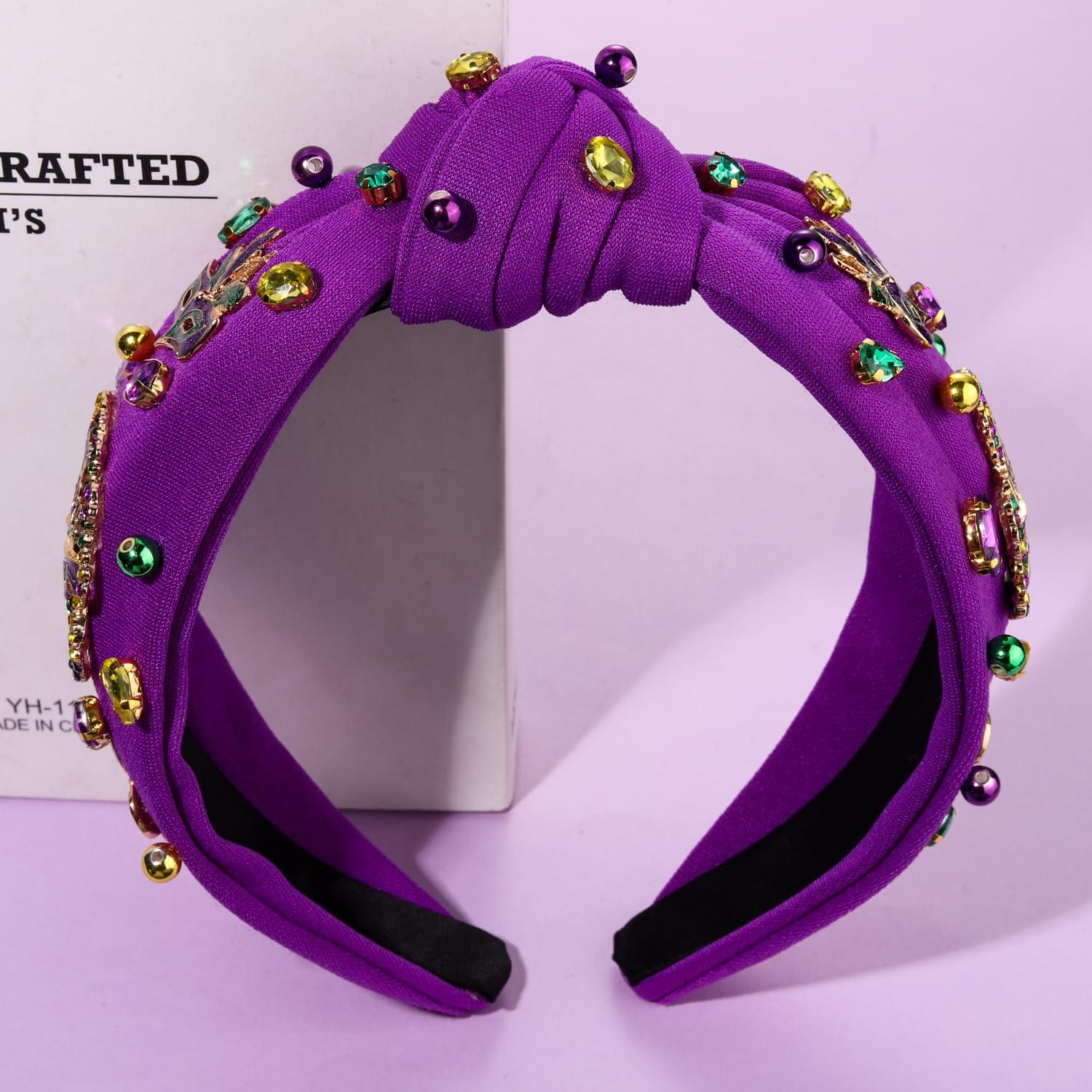 CEALXHENY CEALXHENY Mardi Gras Headband for Women Fleur De Lis Crown Mask Headband Purple Jeweled Rhinestone Pearl Top Knot Headband Carnival Mardi Gras Accessories Parade Party Favors Gifts (Mixed 2 - Purple)