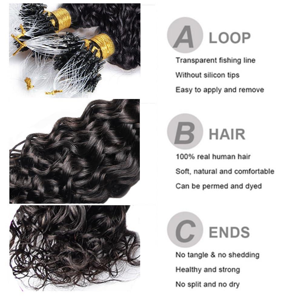 Kiss darling LASHES Natural Wave Microlink Hair Extensions Human Hair Off Black Micro Loop Hair Extensions Real Human Hair Natural Wavy Curly Micro Links Hair Extensions 100 Strands 100g 18\"inch