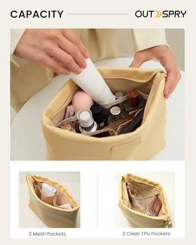 OutSpry OutSpry Travel Makeup Bag with Wristlet [Creamy PU Vegan Leather] Large Capacity Makeup Pouch Cosmetic Bag Water-Resistant Toiletry Bag, Cookie Yellow
