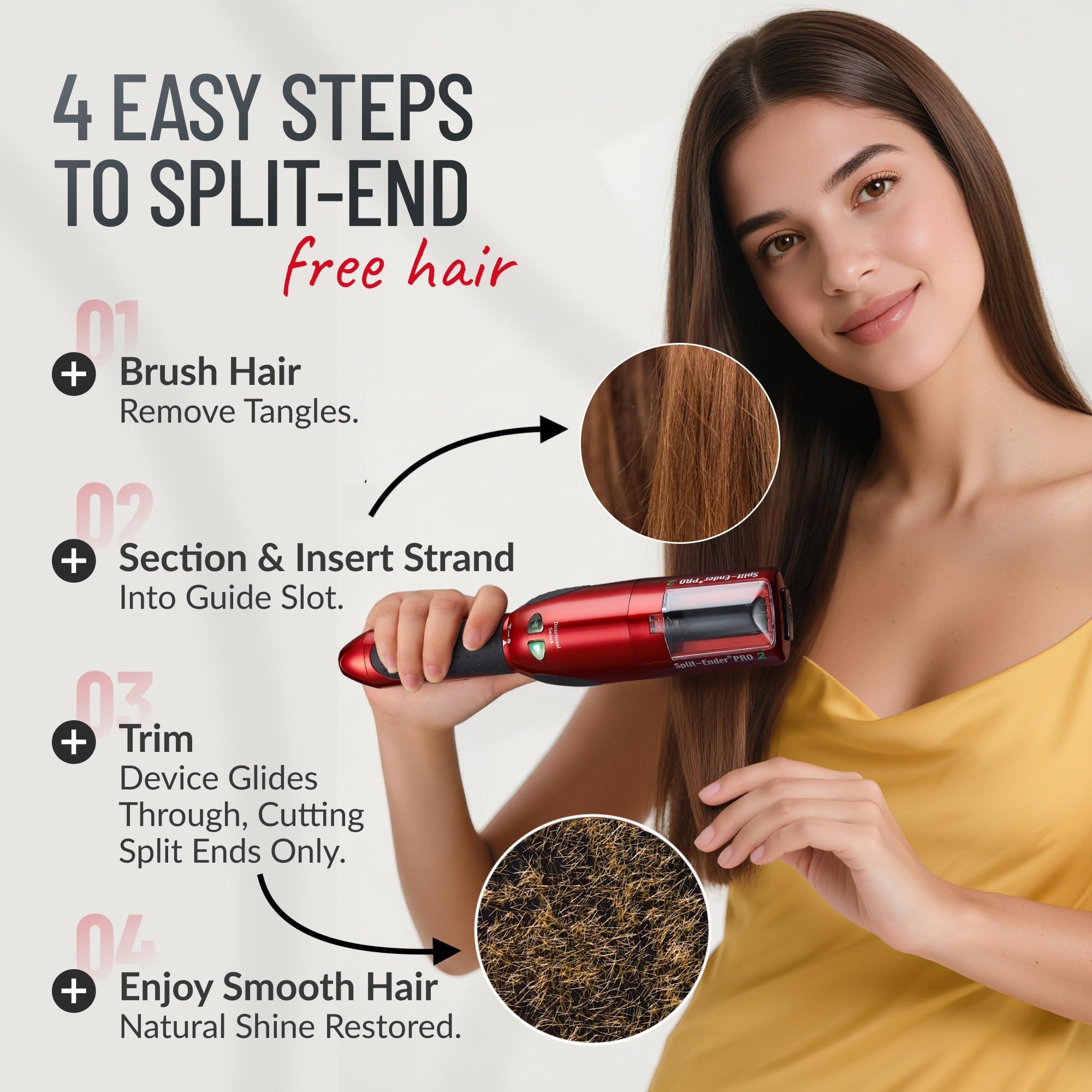Split-Ender Split Ender Pro 2 - The Original Cordless Split End Hair Trimmer Automatic Rechargeable Home Tool Hair Clipper 2-in-1 for Dry Damaged Splitting Broken Brittle Straight Curly Frizzy Beauty - Red