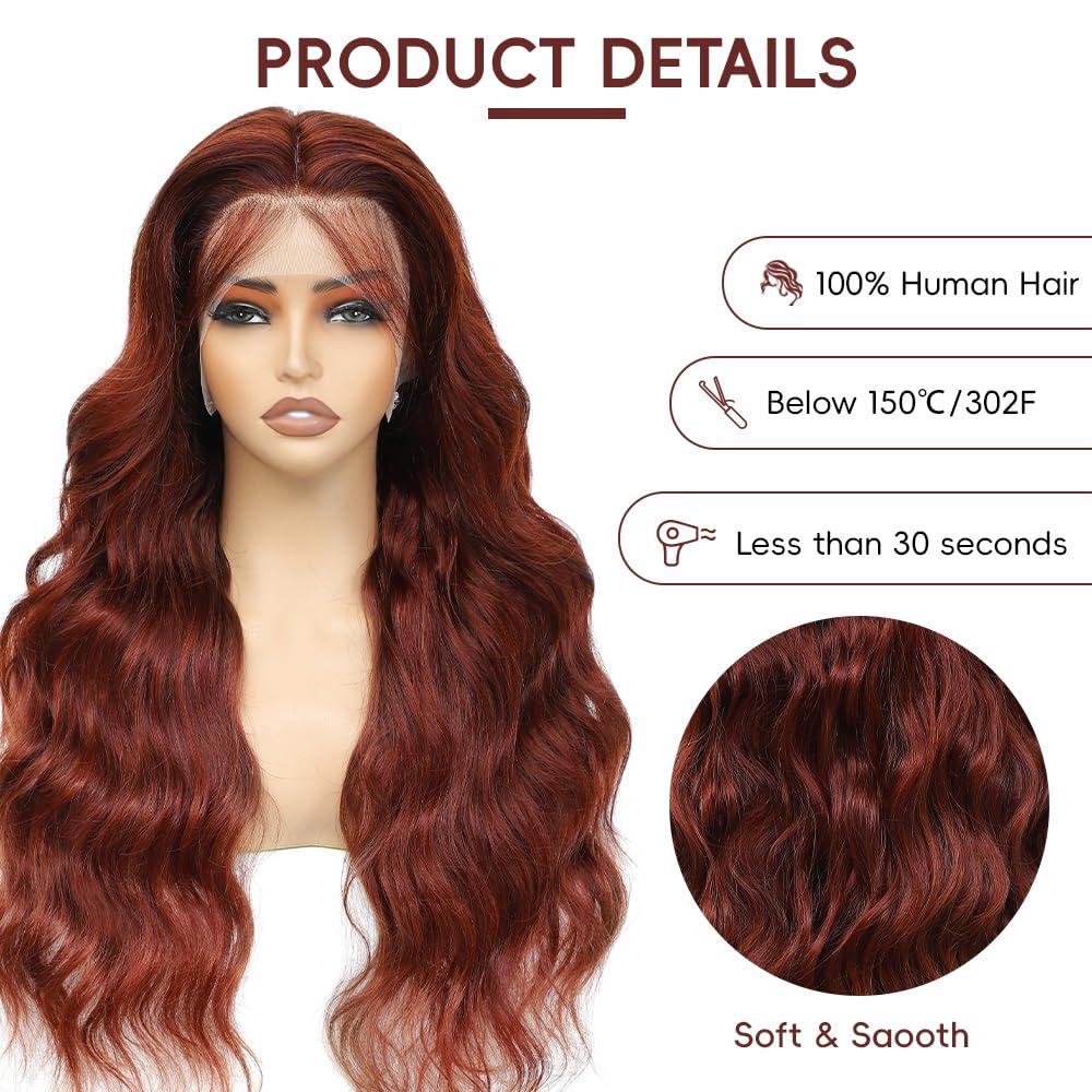 Boumon Reddish Brown Lace Front Wigs Human Hair Pre Plucked 200% Density Body Wave Lace Front Wigs Human Hair For Women 13x4 HD Lace Frontal Wig Glueless Reddish Brown Wig 22 Inch
