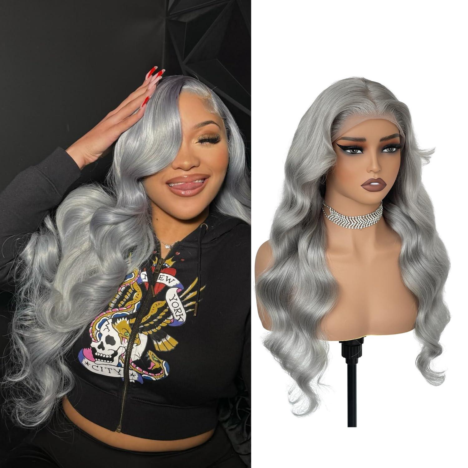 FINMOO FINMOO Grey Silver Lace Front Wigs Human Hair 200% Density Body Wave 13x4 UHD Transparent Pre Plucked Pre Cut Lace Front Wigs Glueless Wigs 613 Colored Remy Virgin Hair Wigs for Black Women 22 Inch