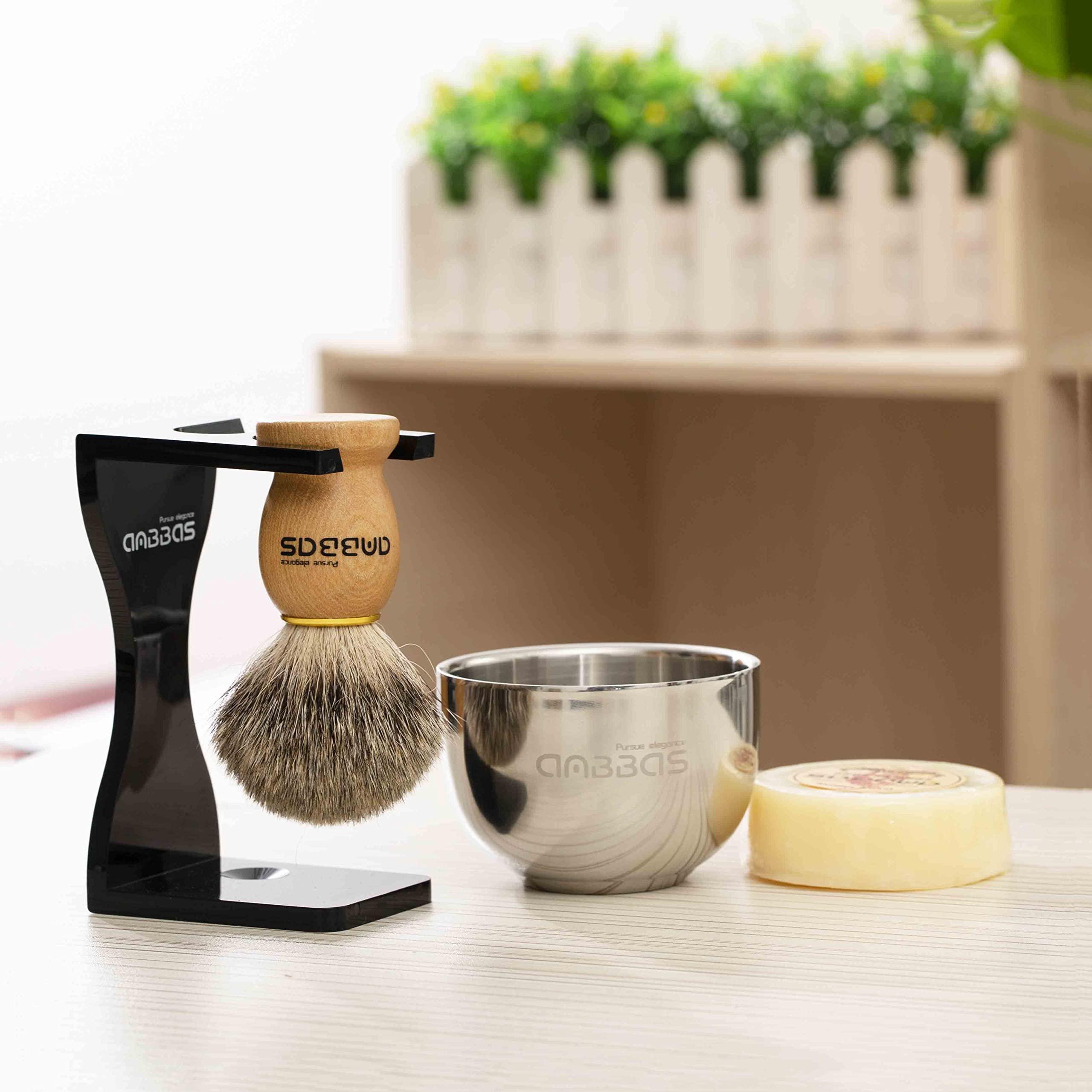 Anbbas Shaving Set, Anbbas 4in1 Pure Badger Hair Shaving Brush Solid Manchurian Ash Wood Handle,Black Broken-Resistant Acrylic Shaving Stand,Stainless Steel Shaving Bowl Dia 3.2 inch and Goat Milk Soap 100g