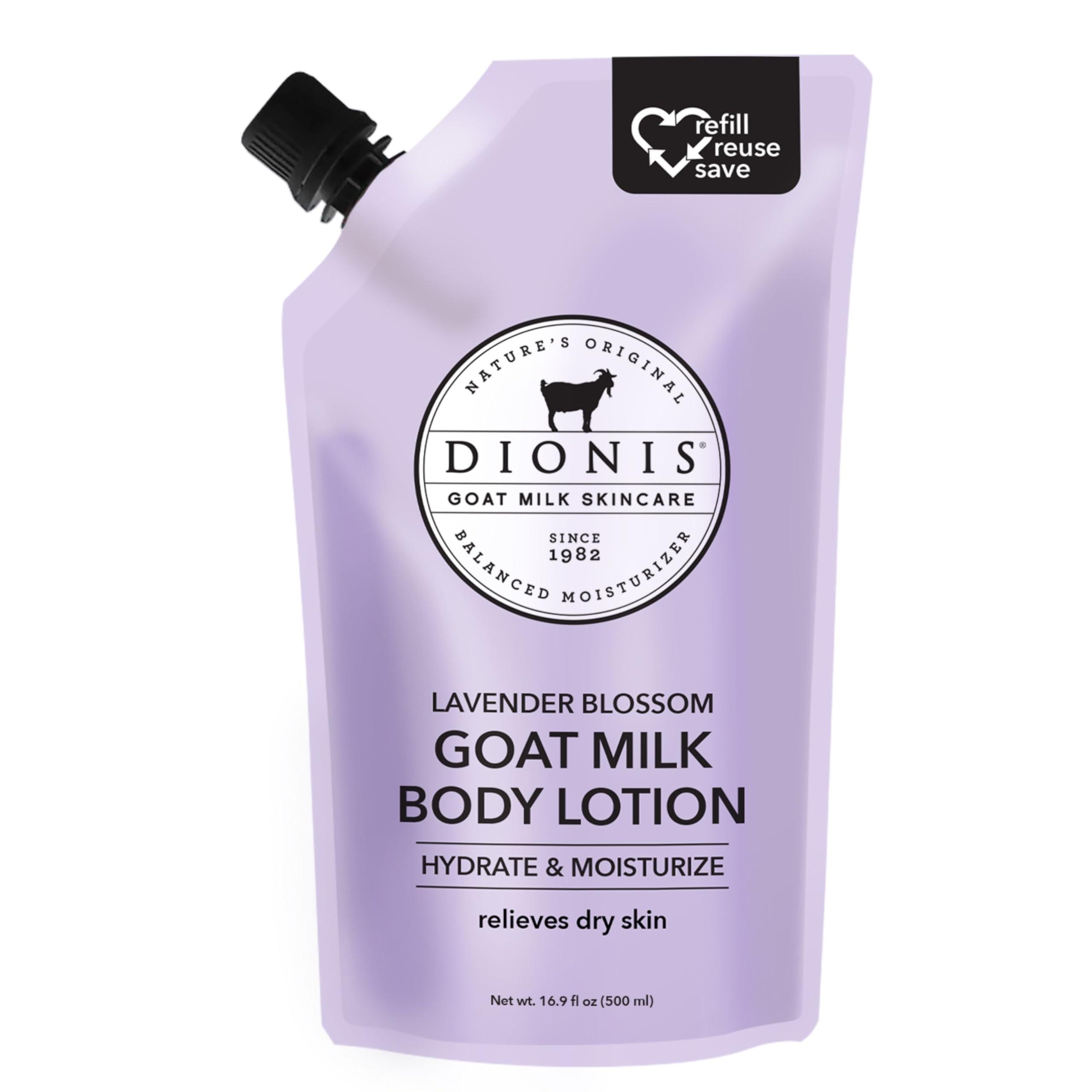 Dionis Dionis Goat Milk Skincare Body Lotion 16.9oz Refill Pouch, Cruelty Free Clean Ingredients & Dermatologist Tested Lotion for Dry Skin, Hydrating & Deeply Moisturizing Rich in Vitamins, Lavender Blossom