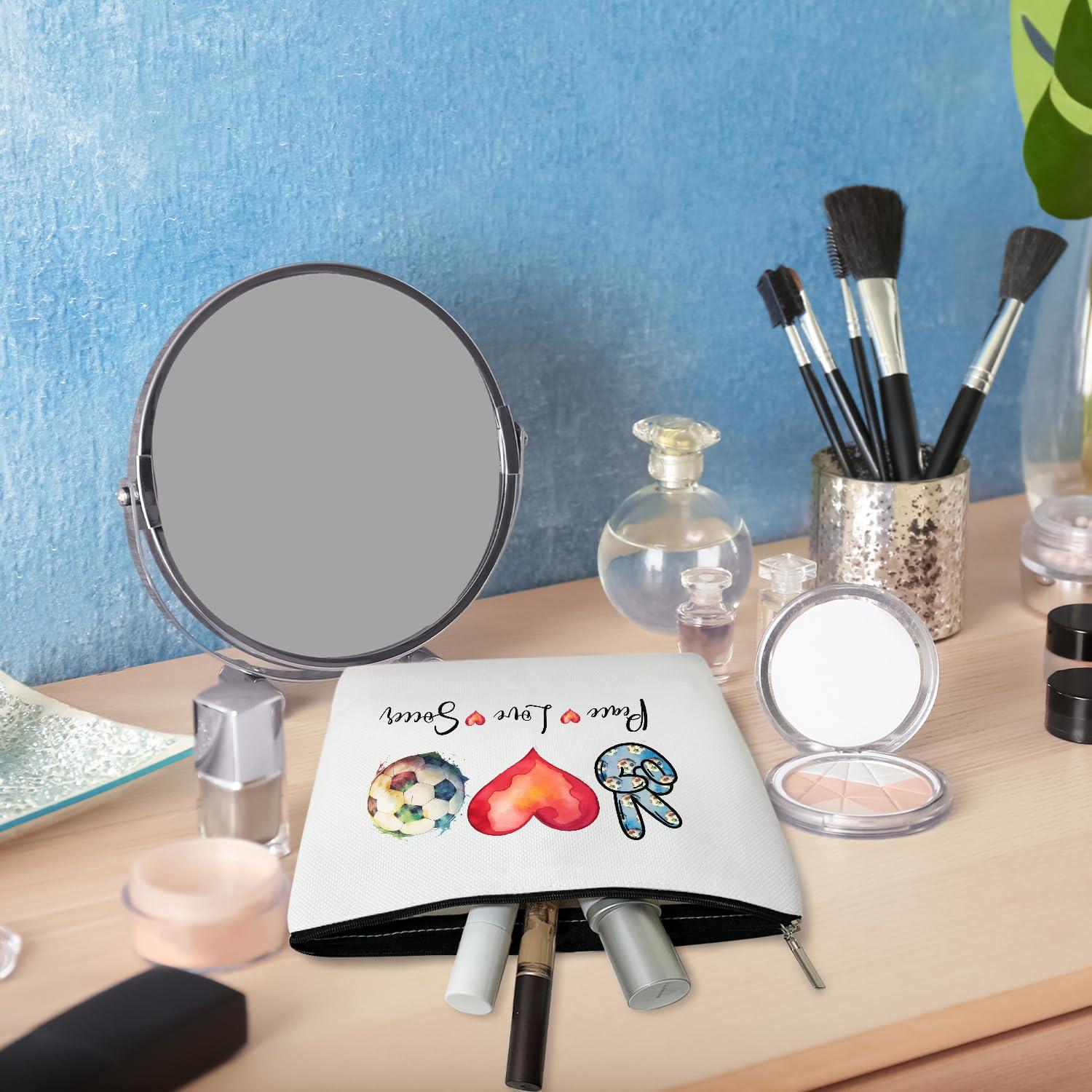 Ziyouza Makeup Bag, Football Makeup Organizer Bag, Peace Love Soccer, Portable Toiletry Makeup Pouch, Storage Makeup Zipper Bag, Appreciation Sport Soccer Lover Gift for Women Mentor Coach -13