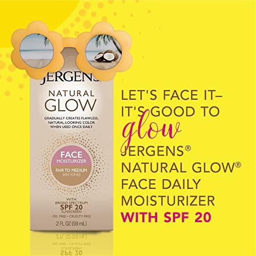 Jergens Jergens Natural Glow Face Self Tanner Lotion, SPF 20 Sunless Tanning, Fair to Medium Skin Tone, Daily Facial Sunscreen, Oil Free, Broad Spectrum Protection, 2 oz, Pack of 2 (Packaging May Vary)