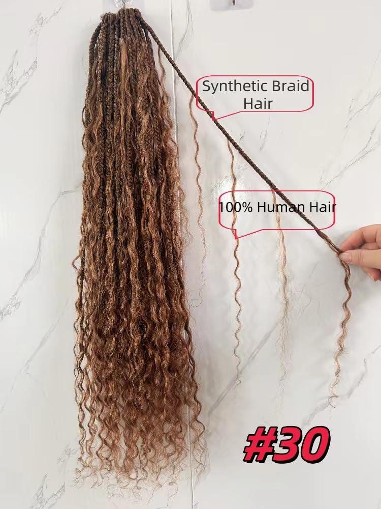 Francesca Hair Goddess Box Braiding Crochet Hair Pre-looped Synthetic Crochet Hair with Human Hair Curly Ends Hair Extensions #30 Auburn Color for Women 18 inch 2pack/80strands