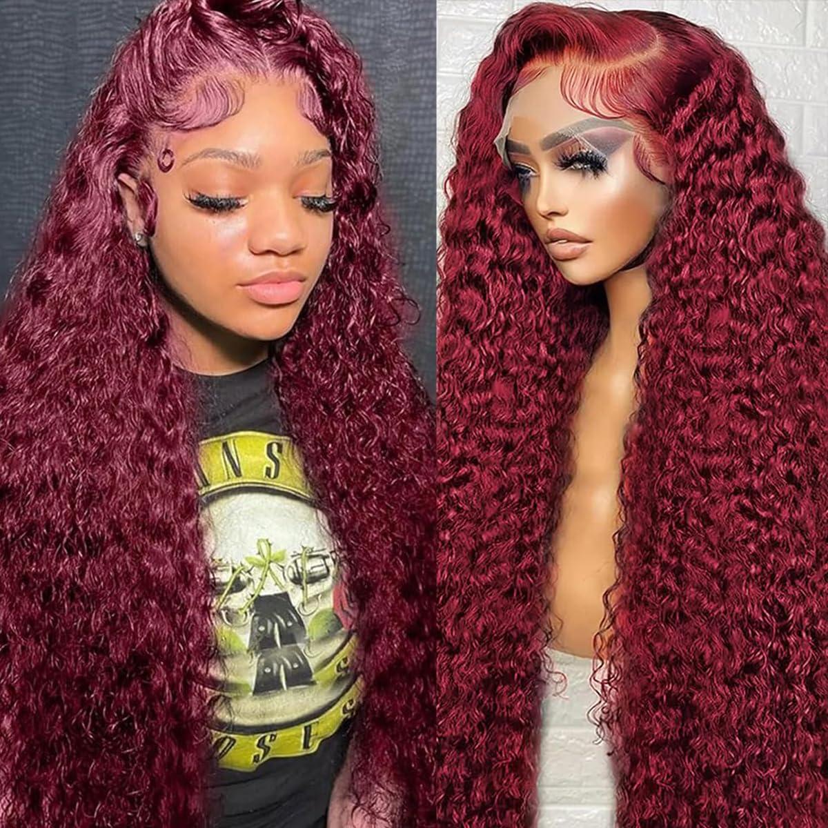 Jolanly 28 Inch Deep Wave Curly 99J Burgundy Lace Front Wigs Human Hair Red Colored Human Hair Wig For Black Women13x4 Curly Transparent Lace Front Wig Pre Plucked