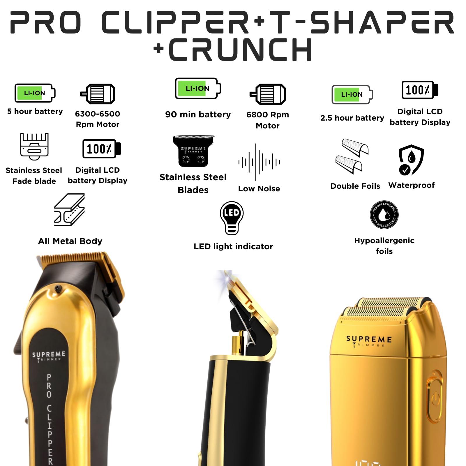 Supreme Trimmer Supreme Trimmer 3-in-1 Barber Bundle | Pro Clipper, T-Shaper Trimmer & Crunch Foil Shaver | Professional Beard Trimmer Mens Hair Clipper Kit | Gold