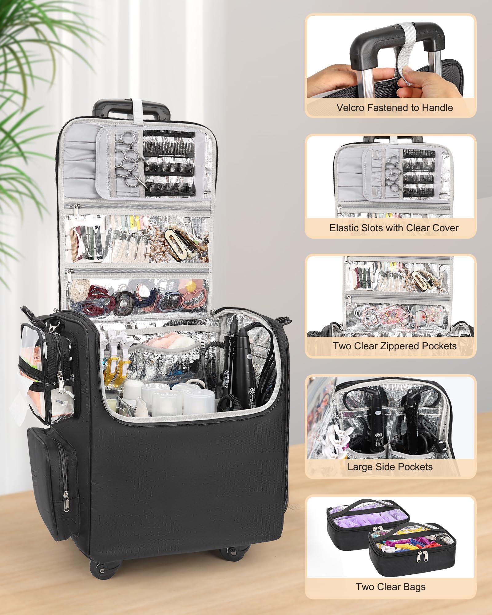 Relavel Relavel Hairstylist Rolling Case with Extra Large Makeup Case with Plastic Dividers, Hairstylist Traveling Bag with 4 Wheels, Heat Insulation Full Layer, Travel Makeup Train Case Makeup Artist Bag