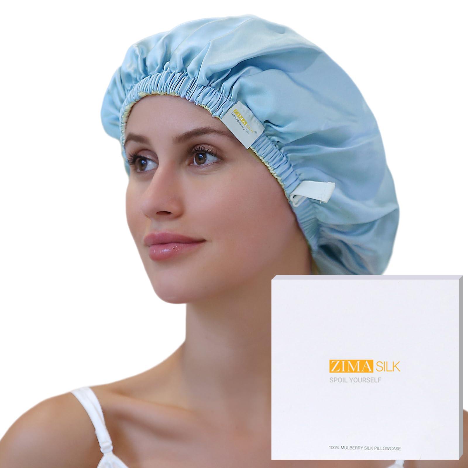 ZIMASILK ZIMASILK 100% Mulberry Silk Bonnet for Sleeping Women Long Hair Double Layer Silk Hair Wrap with Adjustable Band Natural Silk Bonnet for Hair Care Stay On Head (1Pc, Light Blue)