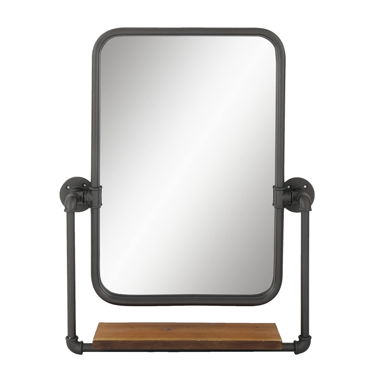 LuuLake LuuLake Rectangle Industrial Black Metal Pipe Hanging Wall Mirror Bathroom Mirror with Shelf Farmhouse Wall Decor