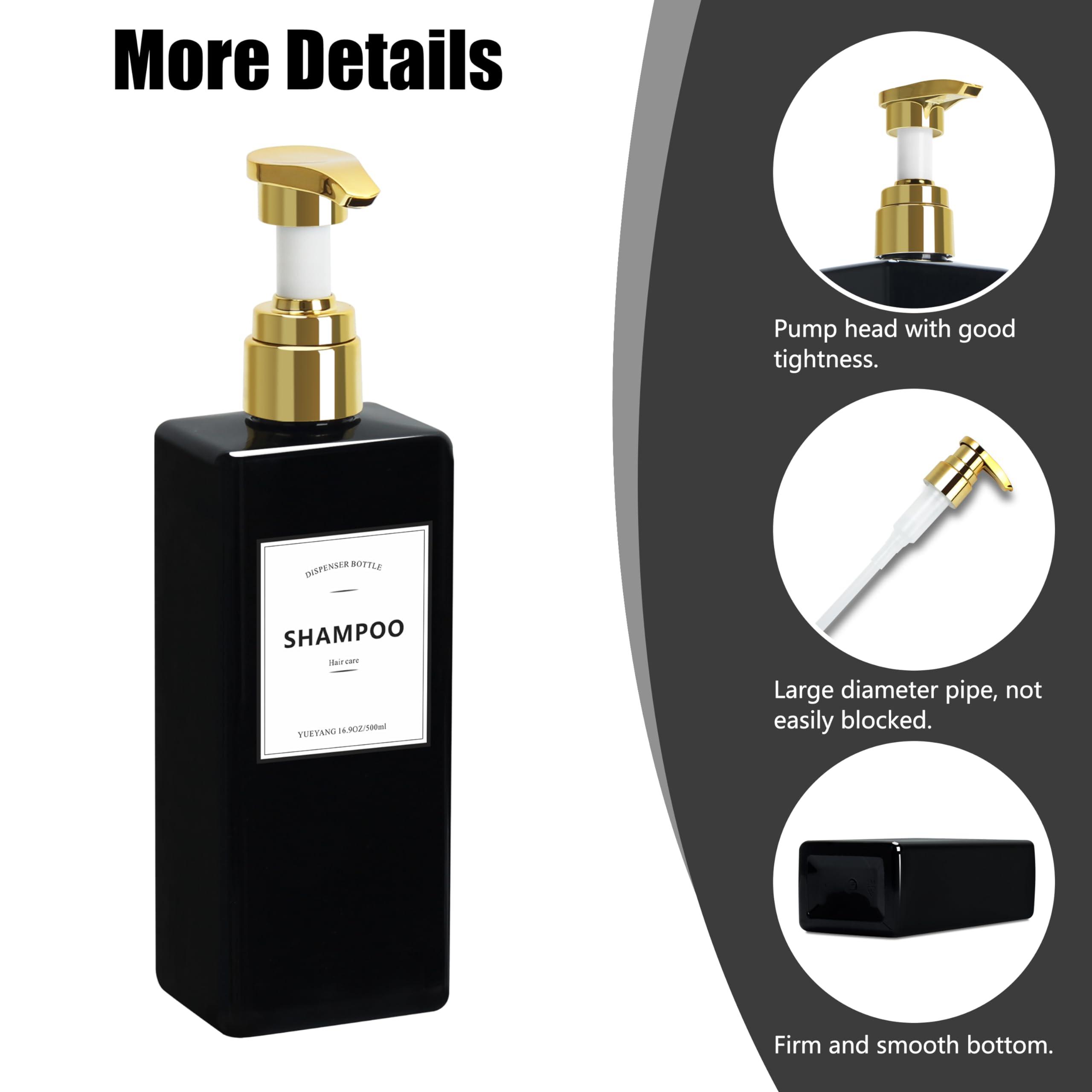 YUEYANG YUEYANG Black Shower Bottles Refillable with Labels, 16.9OZ Pack of 3 Empty Black Shower Dispenser with Gold Pump, Boutique Plastic Bottles for Body Wash, Body Oil