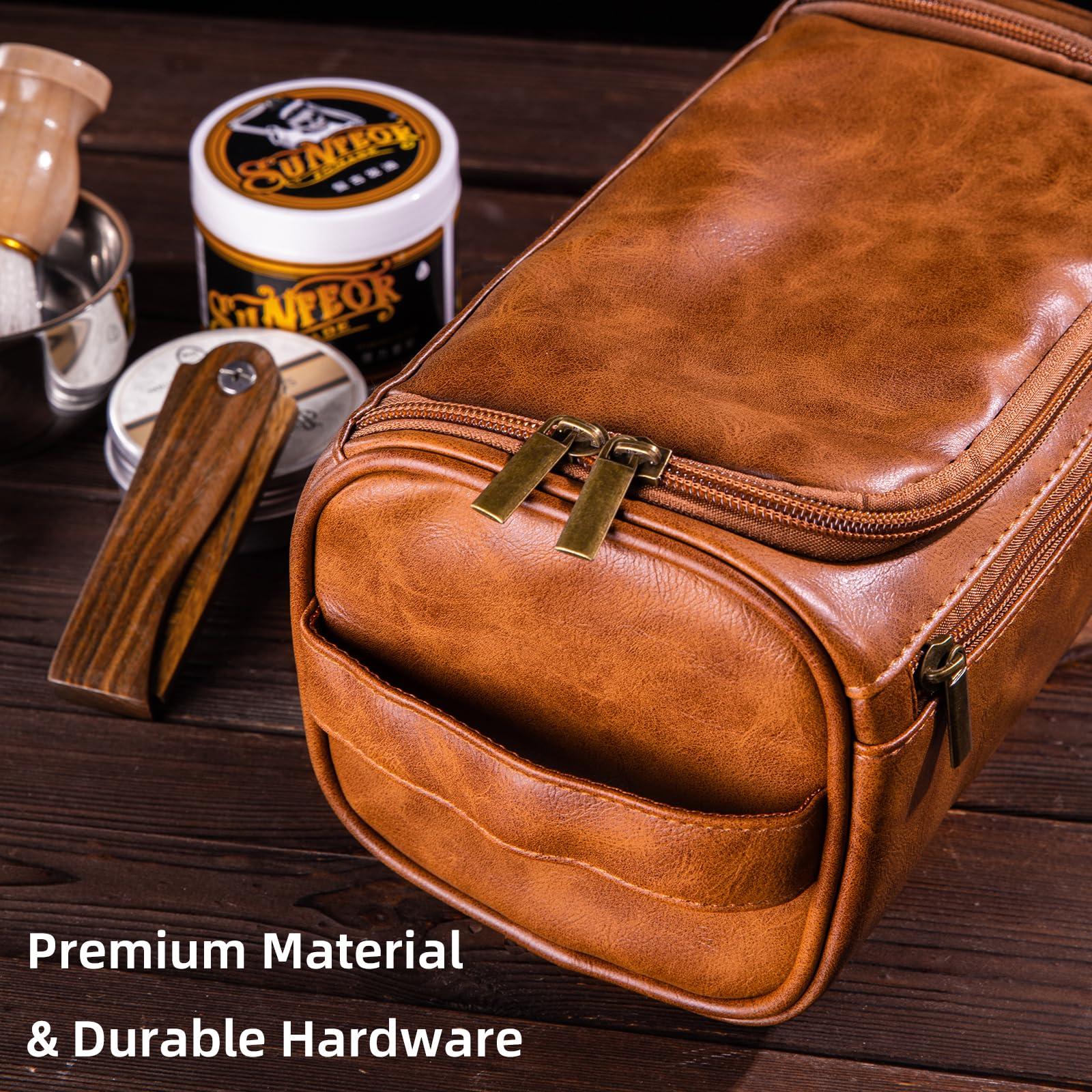 Bleggeit Bleggeit Personalized Leather Toiletry Bag For Men with Hook, Groomsmen Gifts Travel Bag Laser Engraved Name Monogram Leather Gift For Him Husband Father Leather Dopp Kit with Side Handle