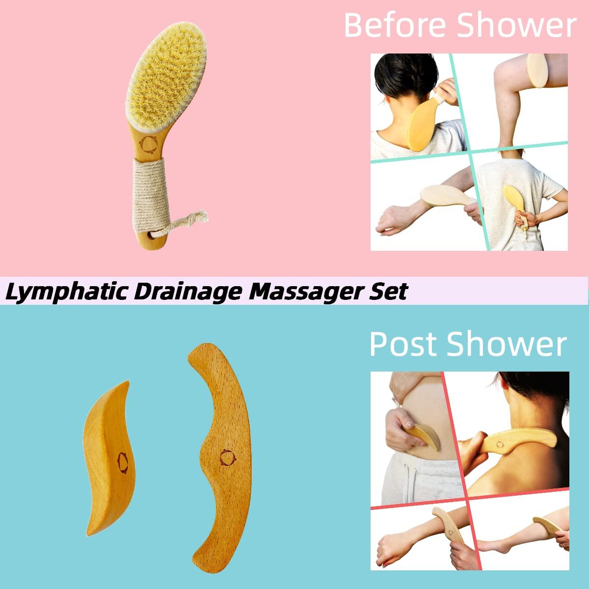 Reccsy Dry Brushing Body Brush for Lymphatic Drainage-Vegan Dry Brush with Contoured Non-Slip Handle +Wood Therapy Massage Tools. Maderoterapia Kit, Gua Sha, Anti-Cellulite, Body Sculpting, Sensitive Skin