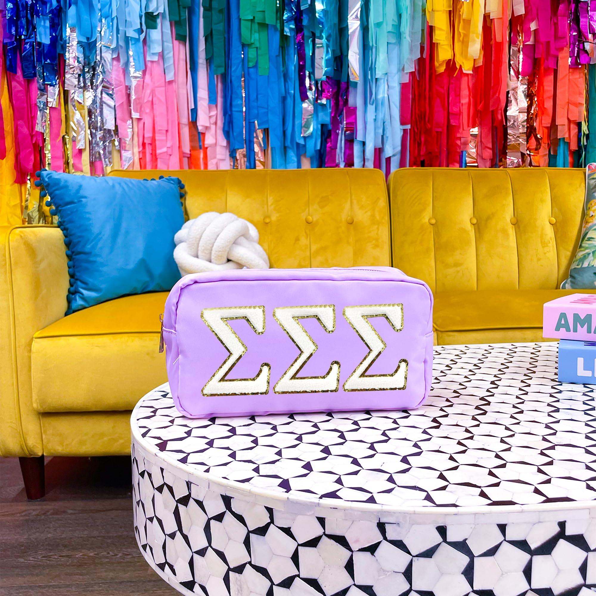 Go Greek Chic Sigma Sigma Sigma Nylon Makeup Travel Bag, Glitter Greek Letter Patch, Cosmetic Case - Purple -