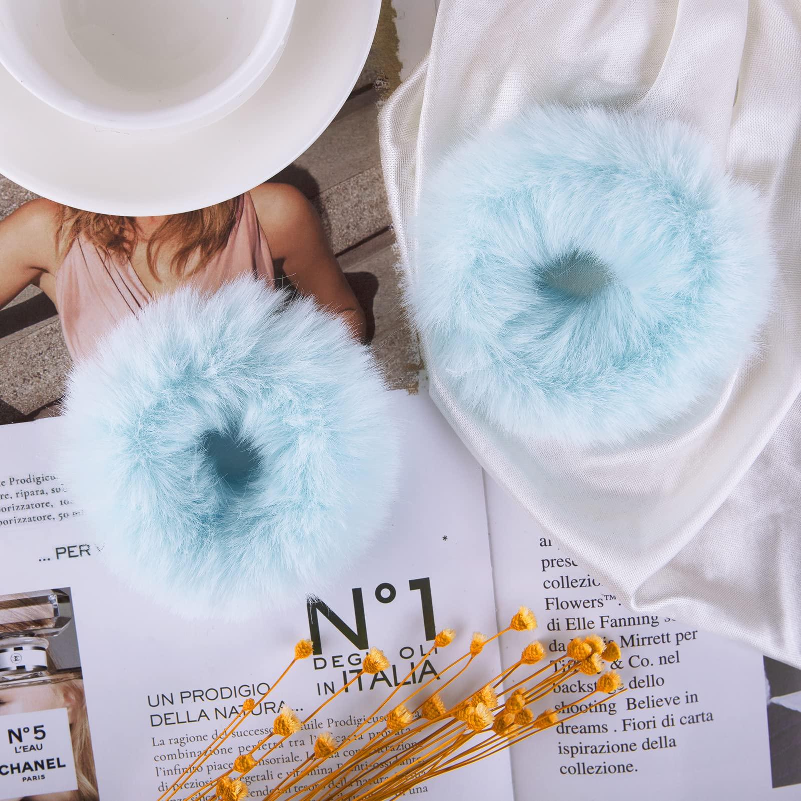 Mljsh 2 PCS Light Blue Pom Pom Hair Tie Fuzzy Scrunchies Furry Hair Bands With Faux Rabbit Fur Fluffy Elastic Hair Bobbles Ponytail Holders Girls Women Hair Accessories