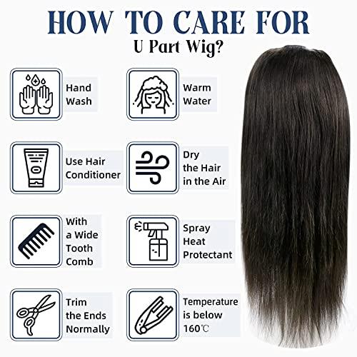 Full Shine Full Shine U Part Wigs Clips in Natural Black Half Wig Human Hair Half Wig Hair Piece U Shape Wig Real Human Hair Extensions One Piece 150Grams 20Inch