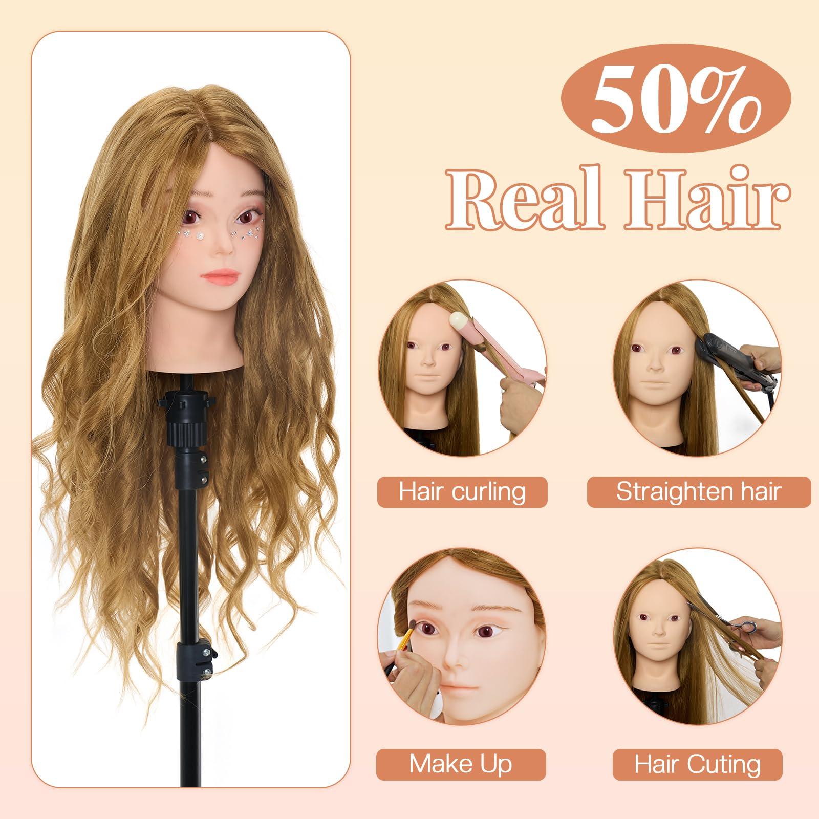 Neverland Beauty & Health Neverland Beauty Mannequin Head with 50% Real Human Hair, 26 Inch Cosmetology Mannequin Head with Hair for Makeup Braiding Curling Cuting, Make up Doll Head for Hair Styling with Table Clamp