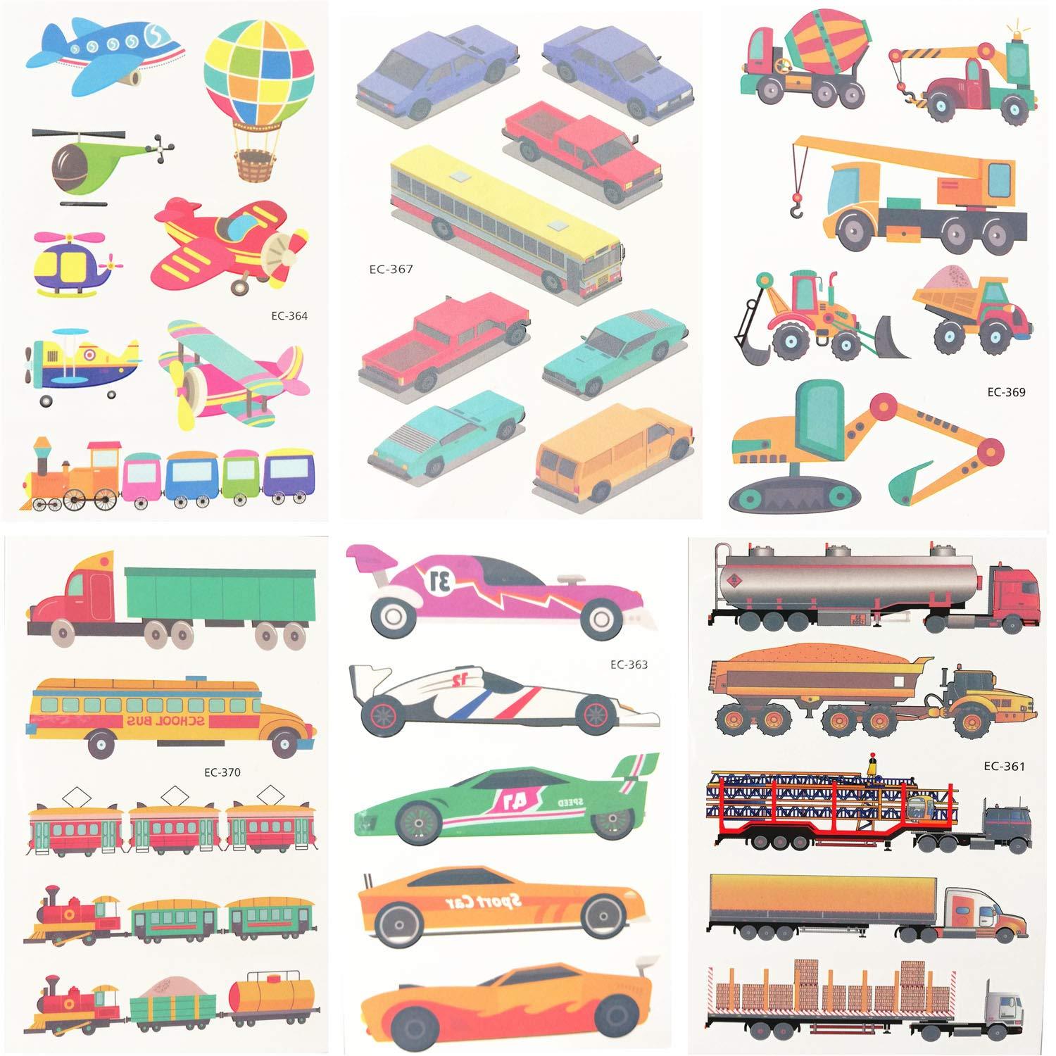 Oexper Oexper 18 Sheets of Construction Vehicle Temporary Tattoos Cars Fire Trucks Buses Transportation Tattoo Stickers for Boys Girls Kids Adults Birthday Party Car Themed Party Supplies Party Favors