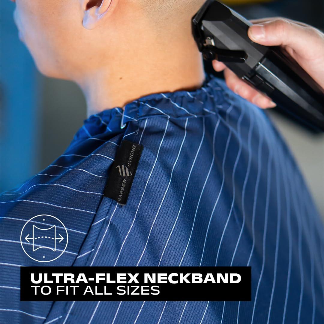 Barber Strong Barber Strong The Barber Cape Haircut Cover for Men, Hair Repelling and Static-Reducing Material, Flexible Elastic Neckband, Water Resistant Fabric, Oversized for Complete Coverage - Blue/White Stripe