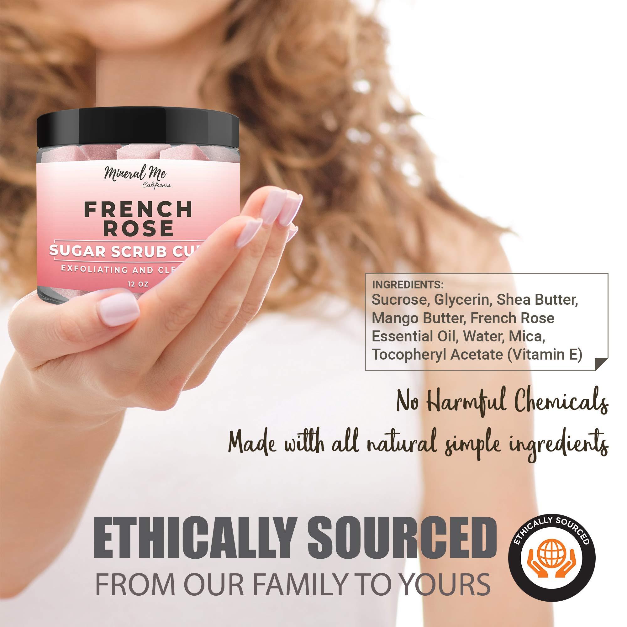 Mineral Me California Body Scrub Exfoliator - 12oz FRENCH ROSE Sugar scrub cubes w/Mango Butter & Shea butter- Ultra Hydrating & Moisturizing - Natural & Organic for all body exfoliation- For hands, arms, legs & foot