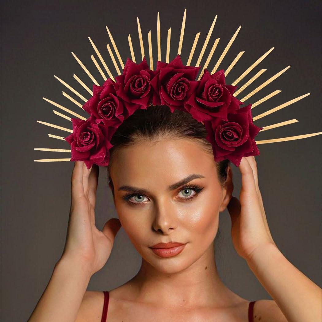BARTOSI BARTOSI Halo Crown Mexican Flower Headband Spiked Crown Goddess Headpiece Mary Halo Crown Halloween Party Cosplay Costume Headwear for Women