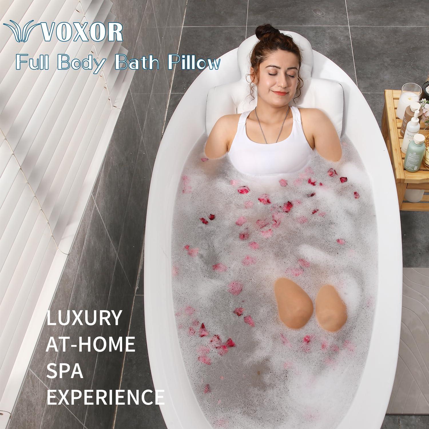 VOXOR Full Body Bath Pillow for Bathtub, Thick Bathtub Cushion with Laundry Bag, Luxury Tub Pillow for Bath for Headrest Neck and Back Support White 63\" x 16\"