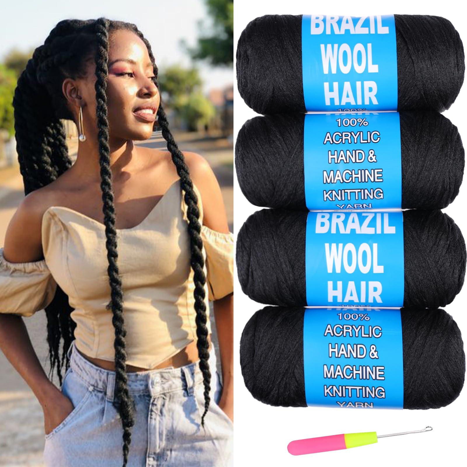 RuiYok RuiYok 4 Pcs Natural Black Brazilian Wool Hair for Braiding Hair Acrylic Yarn Crochet Box Braids Senegalese Twist Jumbo Braids Faux Locs Crochet Hair for Women Synthetic Braiding Hair Extensions(#1B)