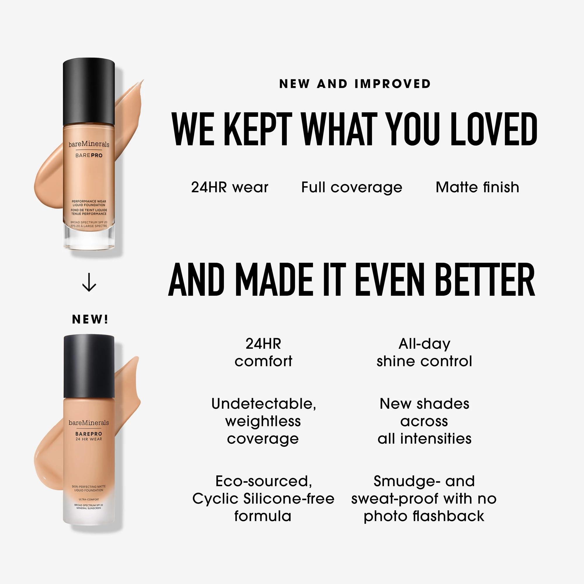 bareMinerals bareminerals Barepro 24HR Wear Matte Liquid Foundation Mineral SPF 20, Full Coverage Foundation Makeup for Mature Skin, Oil-Free, Vegan