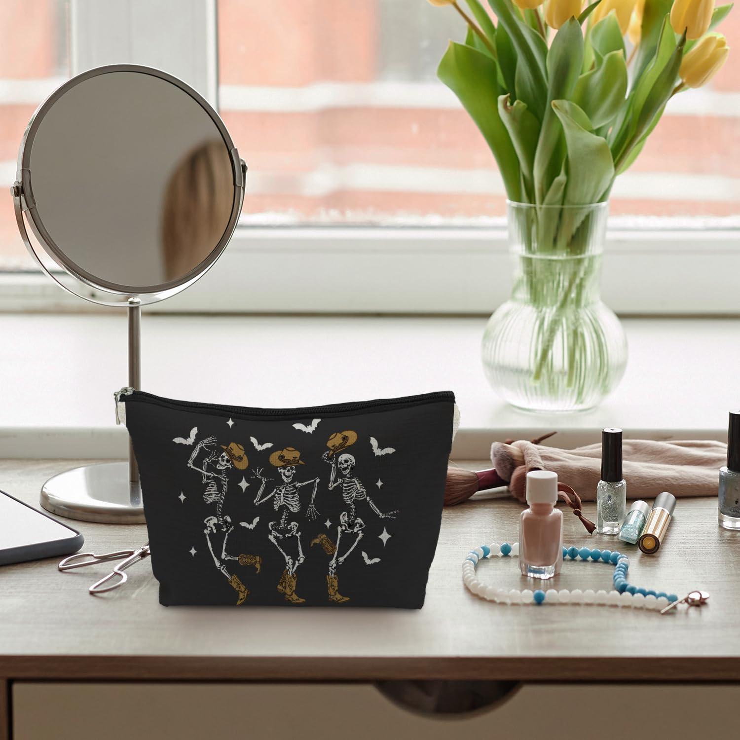 ignytiger ignytiger Goth Skull Makeup Bag, Funny Dancing Skeleton Cosmetic Bag for Women, Halloween Makeup Bag, Halloween Gifts for Women, Dark Academia Makeup Pouch, Cool Makeup Bag, Horror Makeup Bag