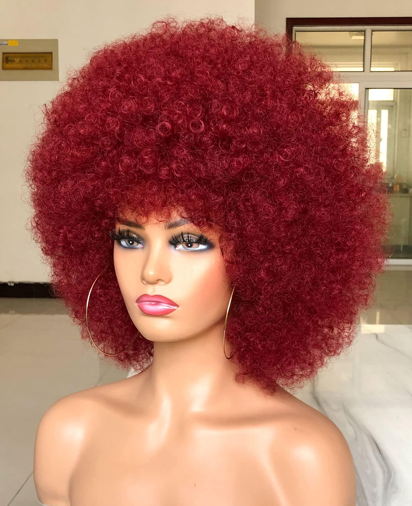 HIHOO HIHOO Short Afro Wig with Bangs for Black Women Afro Kinky Curly Wig 70s Premium Synthetic Big Afro Wig(BUG)