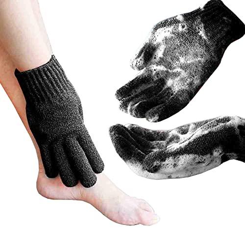 MIG4U MIG4U Exfoliating Shower Gloves for Bath, Premium Nylon Body Wash Bathing Gloves for Men Women Spa, Massage and Skin Scrub, Dead Skin Cell Remover with Hanging LoopBlack, Large