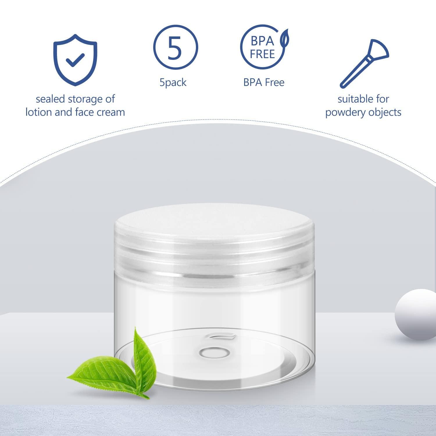 Generic Becatocy 4oz Plastic Container with Lids, BPA Free and Refillable Cosmetic Containers, Reusable Small Plastic Jars for Lotion, Powders, Beauty Product, Bath Salts and Small Accessories, 5 Pack, Clear