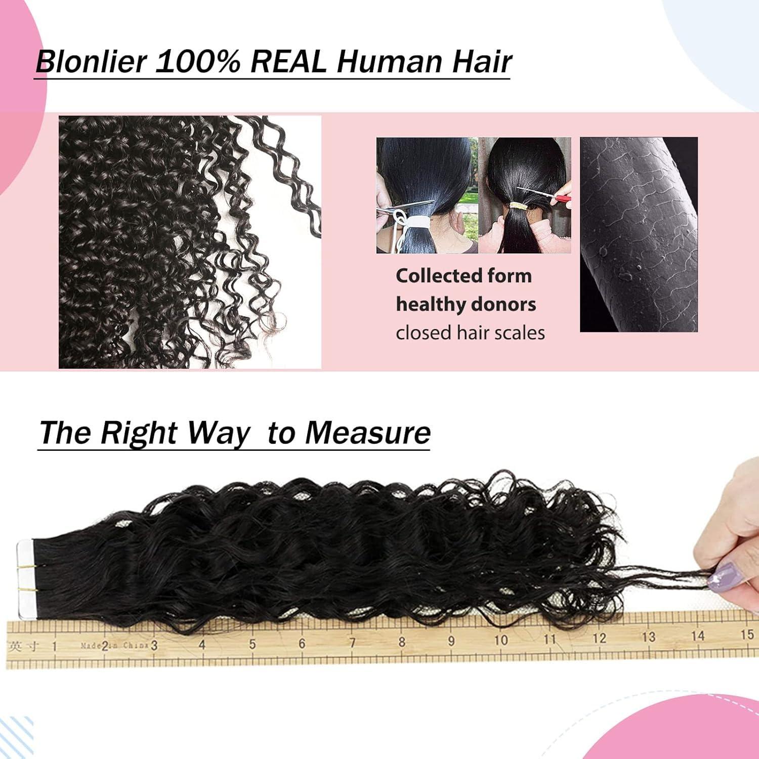 Blonlier 20\" Tape Hair Extensions Human Hair, Kinky Curly Human Hair Tape in Hair Extensions 10A Natural Black 40PCS/100G/Pack Seamless Skin Weft Kinky Culy Hair Extensions Tape ins Hair for Women