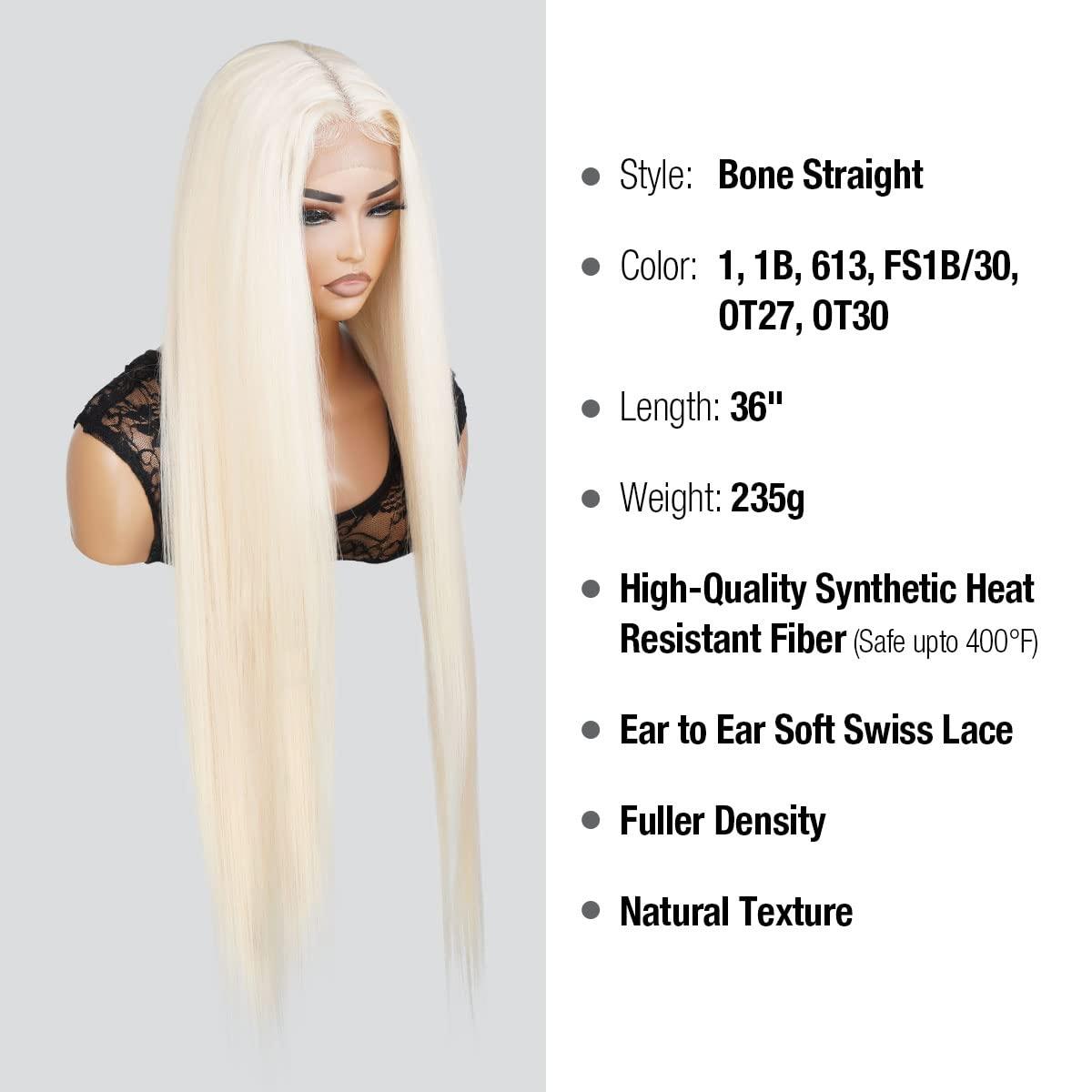 STUDIOCUT BY PROS STUDIOCUT BY PROS Lace Front Wig 36 Inch Bone Straight Super Long length Middle Center Part Wig for Black Women Realistic Hairline Heat Resistant Synthetic Wigs DPL002 (36 Inch, 613-Light Blonde)