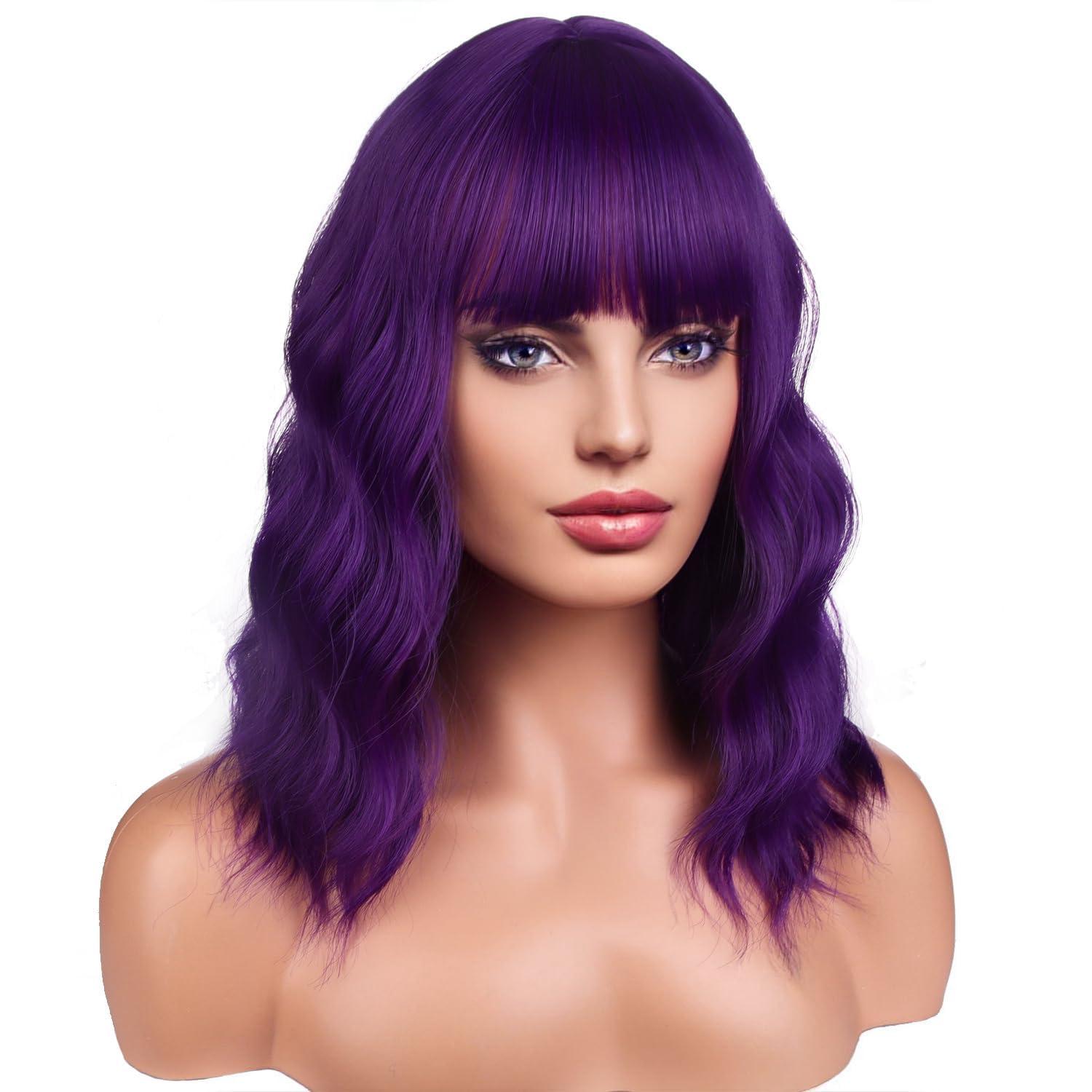 BERON BERON 14 Inches Purple Wig for Women Girls Short Curly Wig Dark Purple Wig Synthetic Wig Purple Wig with Bangs Wig Cap Include