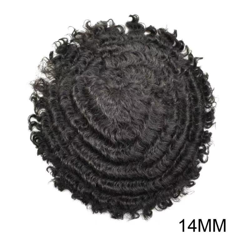 Hair Wonders Afro Toupee For Black Men Poly Skin Man Weave Hair Unit Black Men Mens Toupee Human Hair Kinky Curly Hair Toupee For Men African American Afro Toupee Gray Black Hair (1# JET BLACK-14mm afro wave)