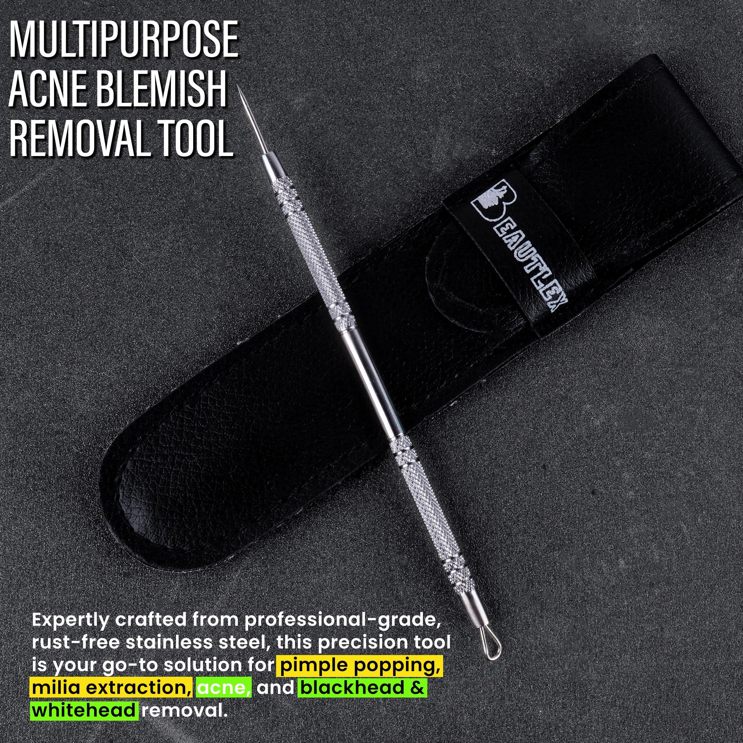 Beautlex Lancet for Facial Milia Remover and Whitehead Extractor. Double Ended Angled Circle Loop & Sharp Needle Pimple Popper Tool. Dermatologists recommended Design and Comes with Synthetic Leather Storage