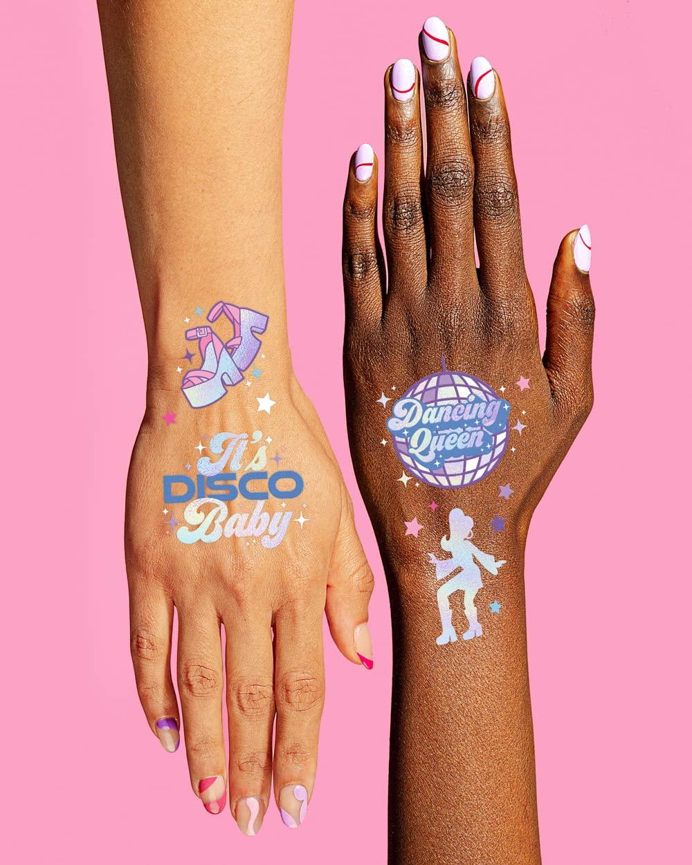 xo, Fetti xo, Fetti Disco Birthday Party Temporary Tattoos - 48 Iridescent Foil Pcs | Birthday Girl Party Decorations, Dancing Queen, 70s Groovy Party