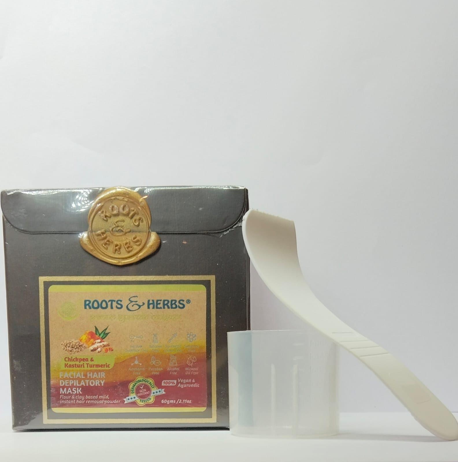 ROOTS AND HERBS Chickpea & Kasturi Turmeric Facial Hair Removal Powder - For Men & Women, Chin, Jawline & Upper Lips - Depilatory Mask with Ayurvedic Herbs - Roots & Herbs, 2.11oz