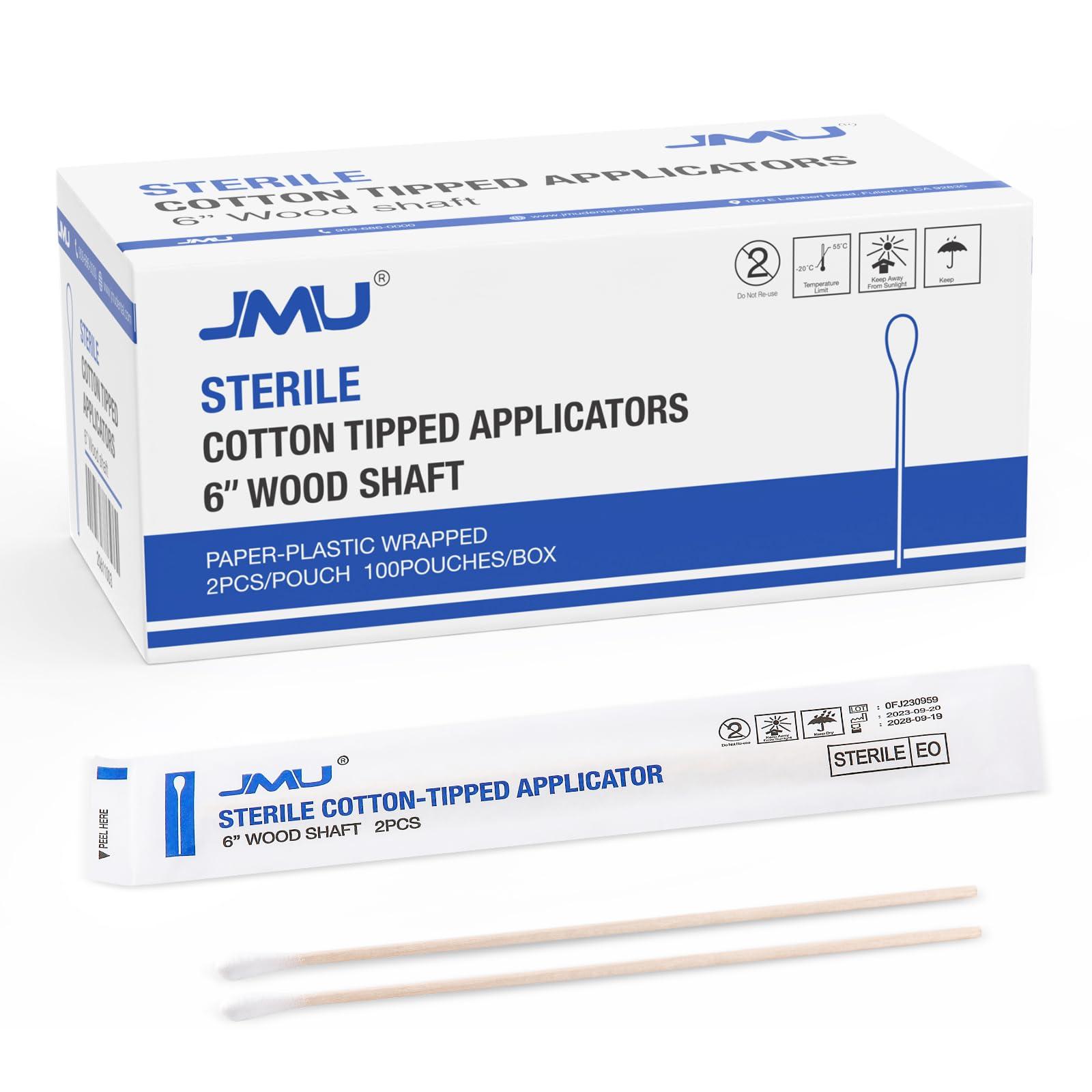 JMU JMU 6 Inch Sterile Cotton Tipped Applicators, 200 Count Long Cotton Swabs, Wood Shaft Medical Swabs