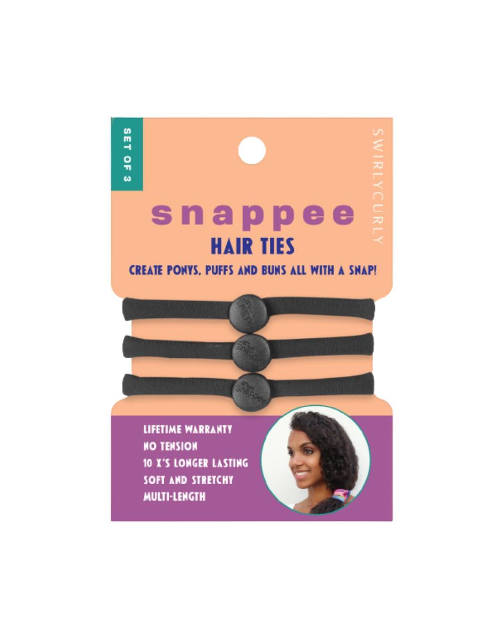 SWIRLYCURLY Snap Hair Ties for Thick, Natural, Curly Hair | No Slip, No Tension Pro Hair Tie | Strong Ponytail Holder (5 Pack, Black)