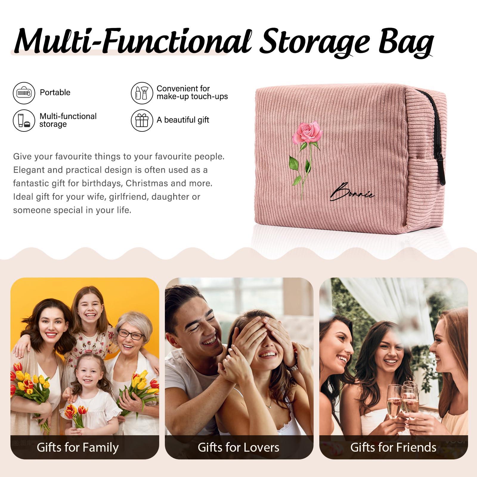 Edgahisme Edgahisme Custom Name Makeup Bags for Women Personalized Travel Cosmetic Bag with Birth Flower Portable Make Up Bags Customized Gifts for Women Mother Sister (Pink)