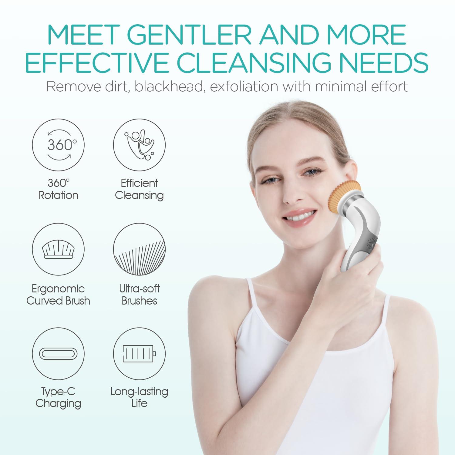VOGOE VOGOE Facial Cleansing Brush-Spin Face Scrubber Exfoliator Rechargeable, 2-Speed Rotation, Electric Face Wash Brushes for Cleansing and Exfoliating, with 2 Brush Heads, Grey