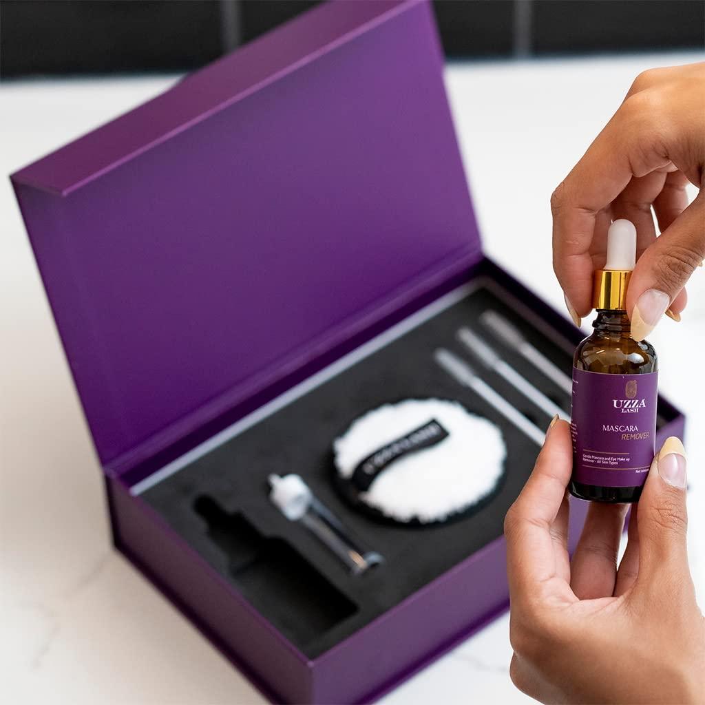 UZZA UZZA Lash Eye Makeup Remover - Waterproof Mascara Remover for Sensitive Eyes - Natural Make up Remover - Hygienic Kit Includes Eyelash Brush, Reusable Pads, Cleanser Liquid 1oz