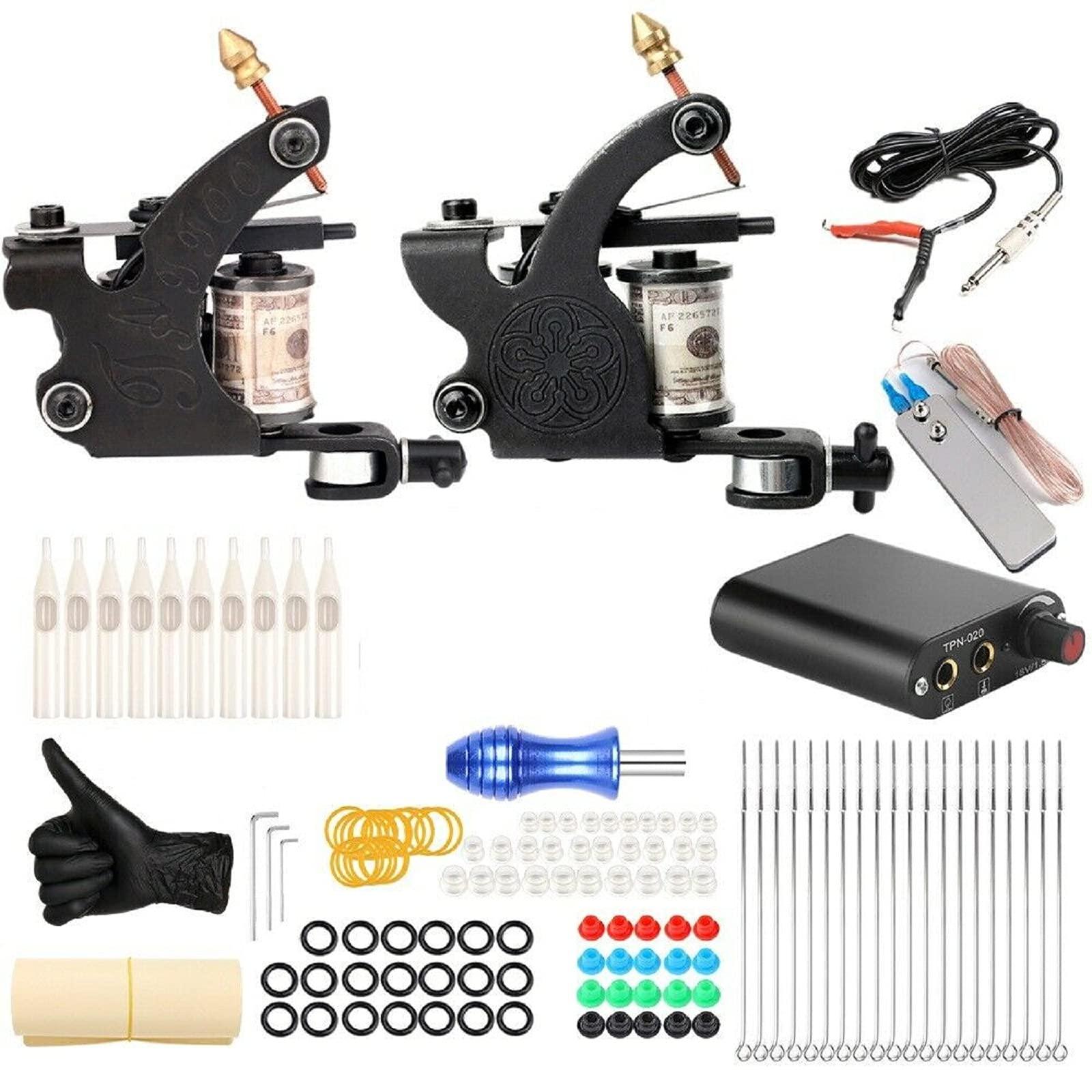 mainlead Complete Tattoo Gun Kit Power Supply Cartridge Needle Foot Pedal Skin Practice (B)