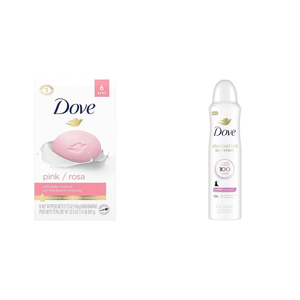 Dove Dove Beauty Bar Pink Cleanser 6 Bars and Advanced Care Clear Finish Antiperspirant Spray with Pro-Ceramide Technology
