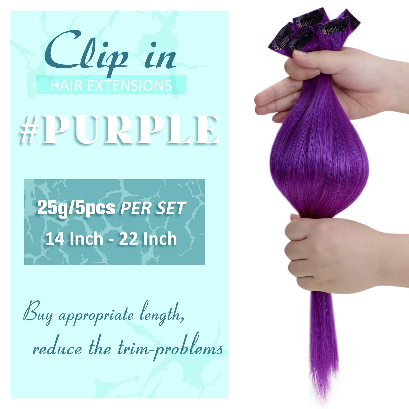 RUNATURE Purple Hair Extensions Bundles: Clip in Hair Extensions Real Human Hair Dark Purple 25g/5pcs and 70g/5pcs 16 Inch Full Head Colored Hair Extensions Purple Clip in Extensions