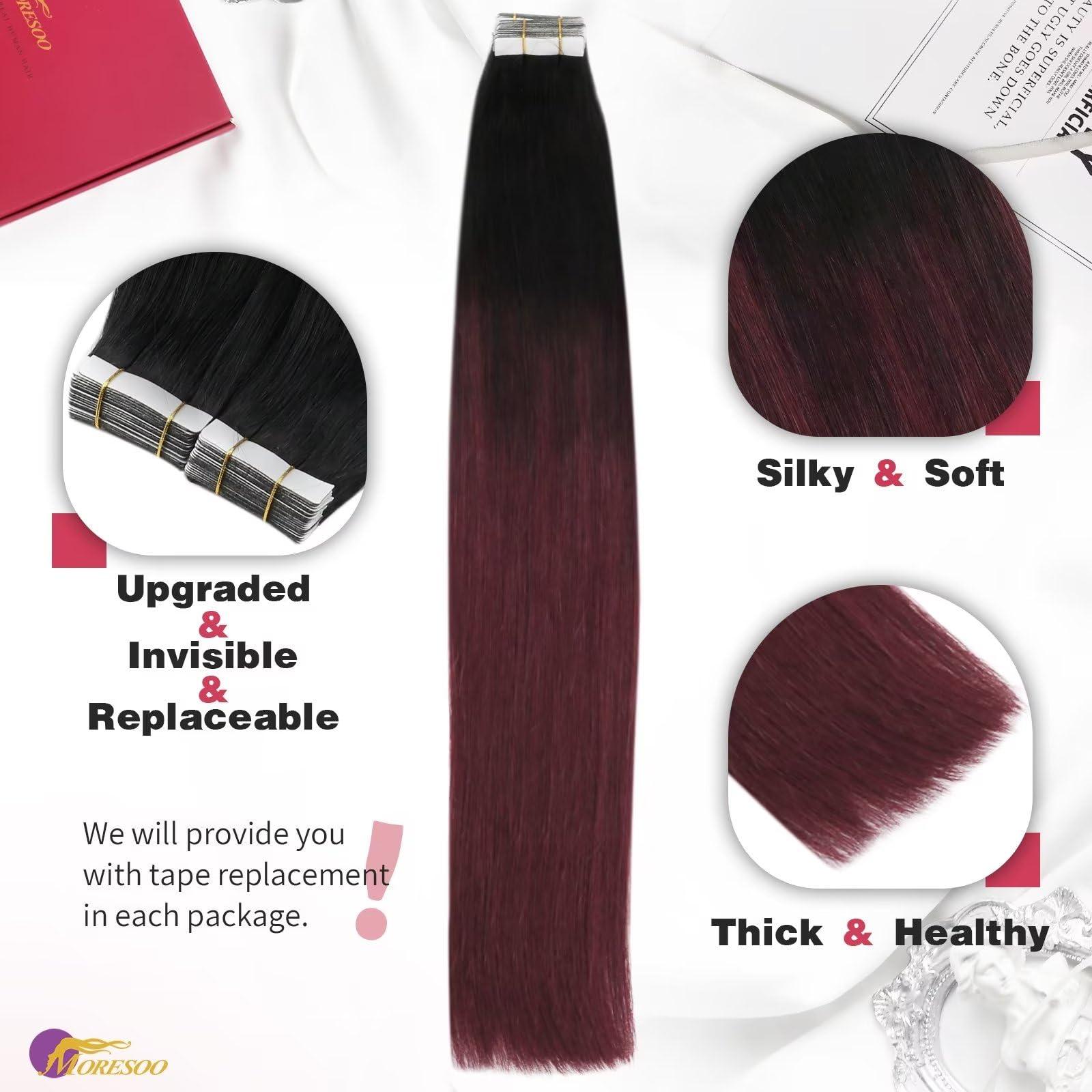 Moresoo Moresoo Tape in Burgundy Hair Extensions Ombre Human Hair Extensions Balayage Off Black to Black with Wine Red Hair Extensions Human Hair Tape in Skin Weft Hair Extensions 14 Inch #1B/99J 20pcs 50g
